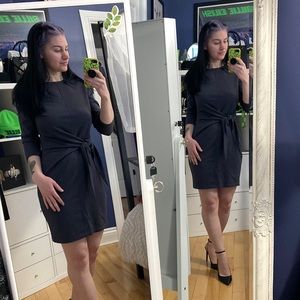 Gun Metal Gray Waist Tie Three-Quarter-Sleeve Dress
